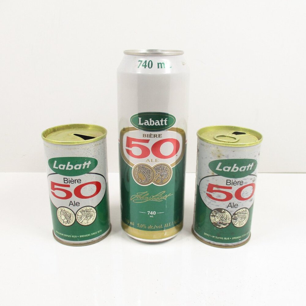 3 Labatt's 50 Ale Beer Flat Top Cans Two Steel 12 fl oz & One Aluminum 740 ML